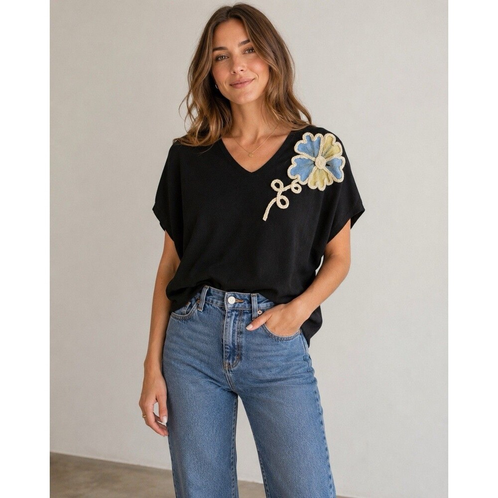Aaeda Womens XL Black V Neck Floral Applique Soft Knit Dolman Sweater Top